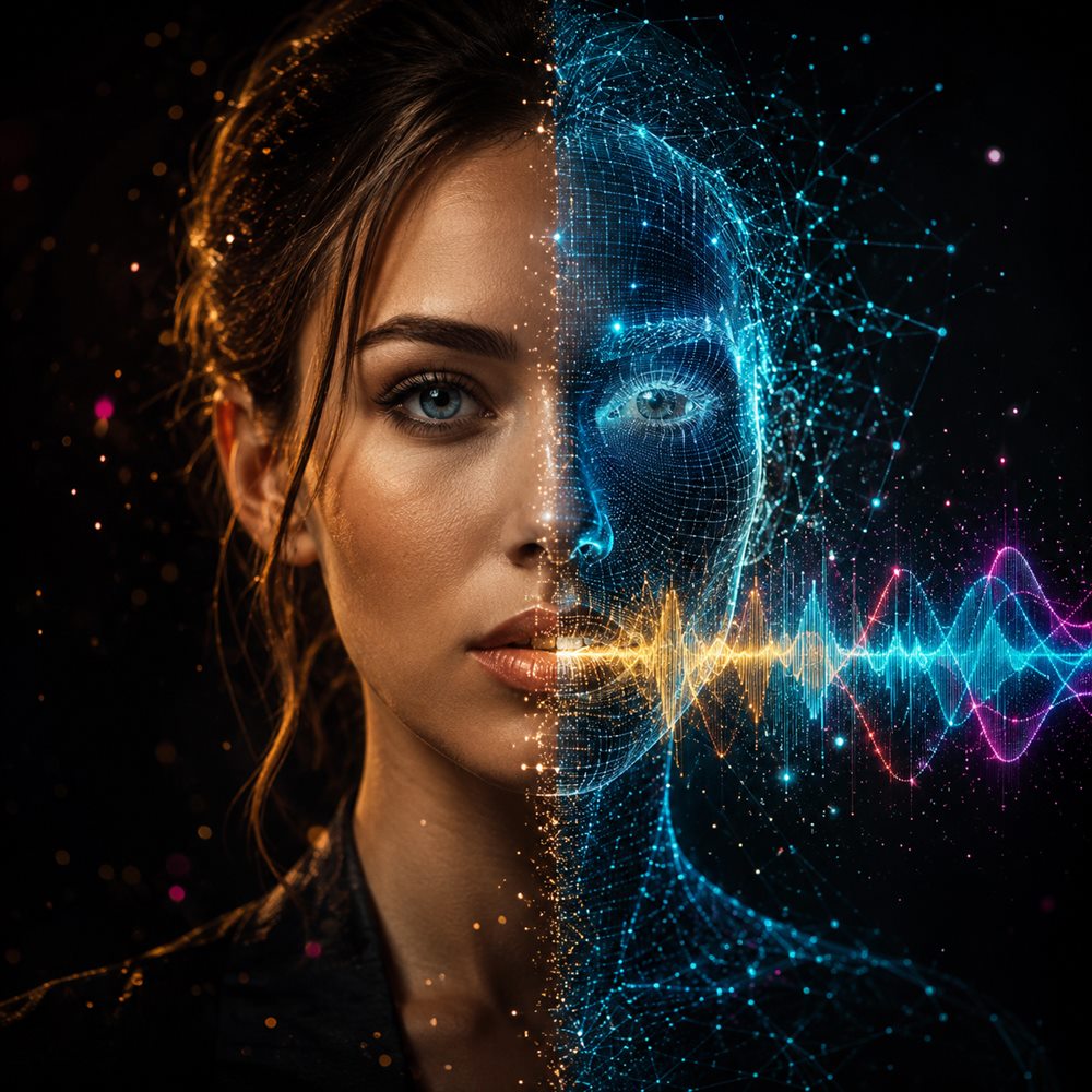 Clon digital con IA: mitad rostro humano, mitad gemelo digital con ondas de voz